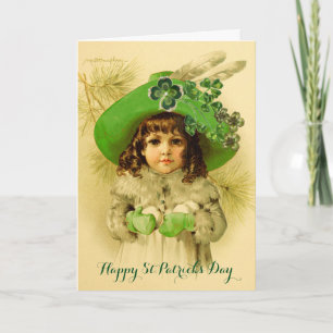 Kleines Mädchen, grüne Mütze, Kleeblätter, St. Pat Feiertagskarte