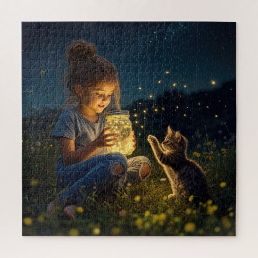 Kleines Mädchen hält ein Glas mit Glühwürmchen Puzzle (Vertikal)