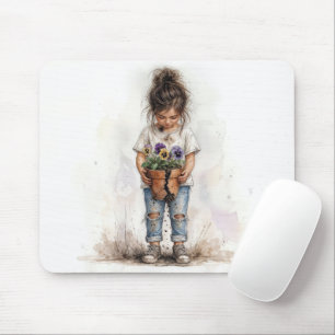 Kleines Mädchen hält einen zerbrochenen Blumentopf Mousepad