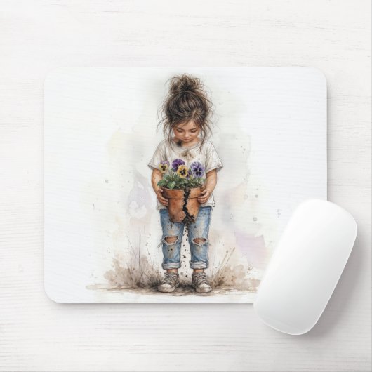 Kleines Mädchen hält einen zerbrochenen Blumentopf Mousepad (Mit Mouse)
