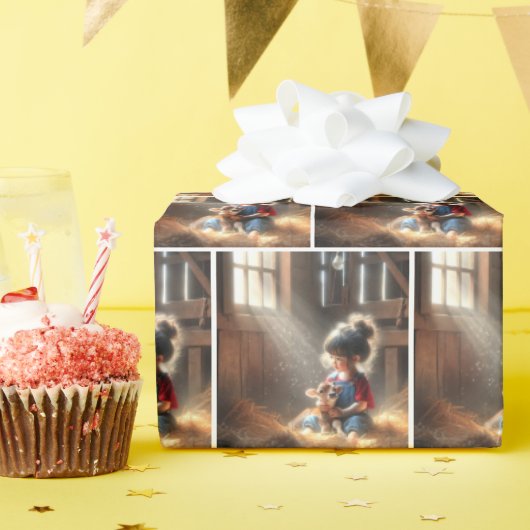 Kleines Mädchen im Stall mit Kalb Geschenkpapier (Geburtstagsparty)