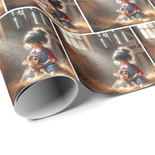 Kleines Mädchen im Stall mit Kalb Geschenkpapier (Rolleneckpunkt)