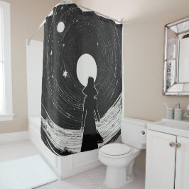 Kleines Mädchen im Weltraum | Schwarz-Weiß-Cartoon Duschvorhang
