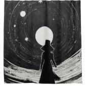 Kleines Mädchen im Weltraum | Schwarz-Weiß-Cartoon Duschvorhang (Vorderseite)