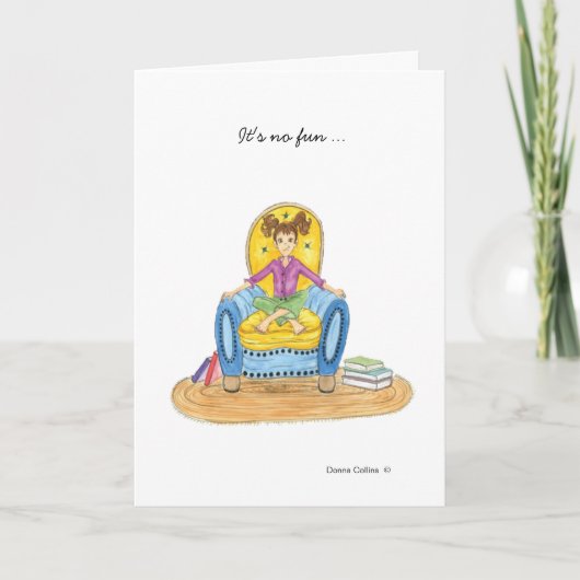 Kleines Mädchen in blauem Stuhl vermisst Sie Karte (Vorderseite)