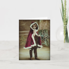 Kleines Mädchen in Chritsmas Cape Vintage Note Car Feiertagskarte