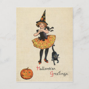 Kleines Mädchen in einer Hexen-Halloween-Verkleidu Postkarte