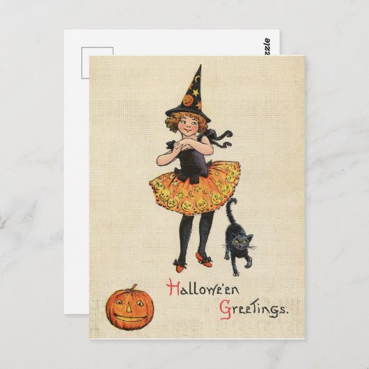 Kleines Mädchen in Hexenkostüm, schwarze Katze, Postkarte (Vorne/Hinten)