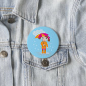 Kleines Mädchen in orangem Regenmantel mit rosa Re Button (Beispiel)