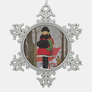 Kleines Mädchen in Red Coat Schneeflocken Zinn-Ornament