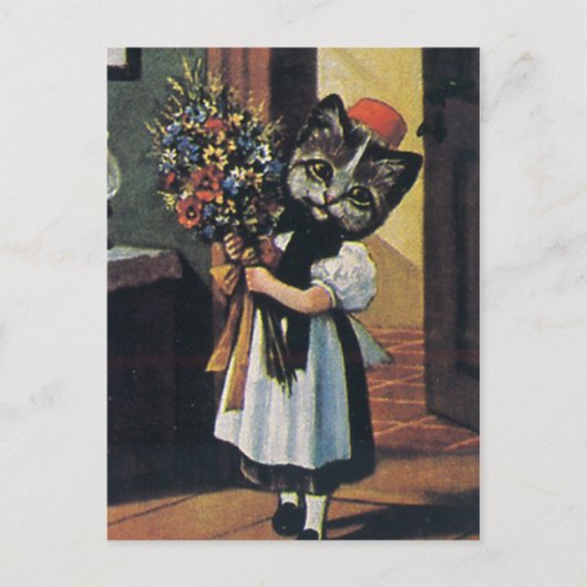 Kleines Mädchen Kätzchen mit Blumen Postkarte (Vorderseite)
