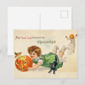 Kleines Mädchen mit ausgehöhltem Kürbis und schwar Postkarte (Vorne/Hinten)