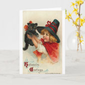 Kleines Mädchen mit Black Kitten Karte (Gelbe Blume)