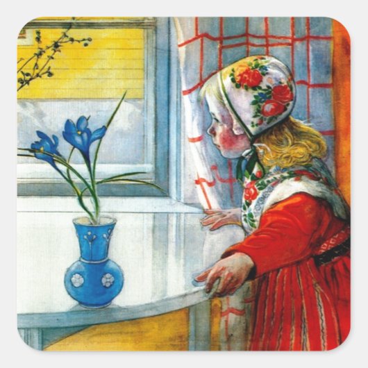 Kleines Mädchen mit blauer Schwertlilie Quadratischer Aufkleber (Vorderseite)