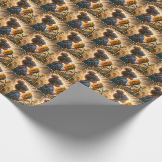 Kleines Mädchen mit blühender Sonnenblume Geschenkpapier (Ecke)