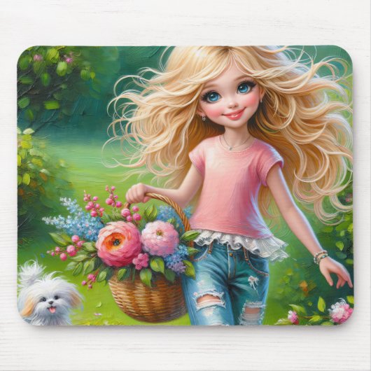 Kleines Mädchen mit Blume-Korb Mousepad (Vorne)