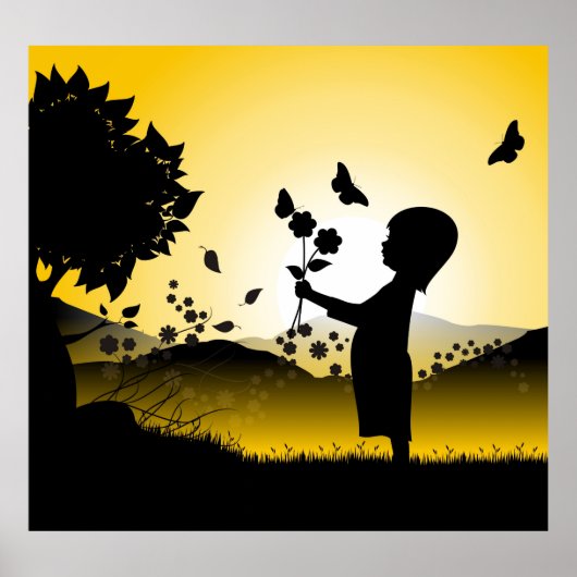 Kleines Mädchen mit Blume Silhouette Poster (Vorne)