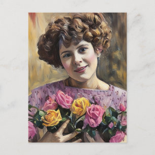 Kleines Mädchen mit Blumen Pastellkunstmalerei Postkarte