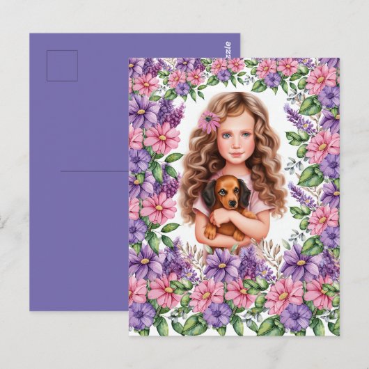 Kleines Mädchen mit Dackel Welpe Postkarte (Vorne/Hinten)