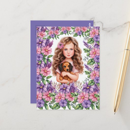 Kleines Mädchen mit Dackel Welpe Postkarte (Vorderseite/Rückseite Beispiel)