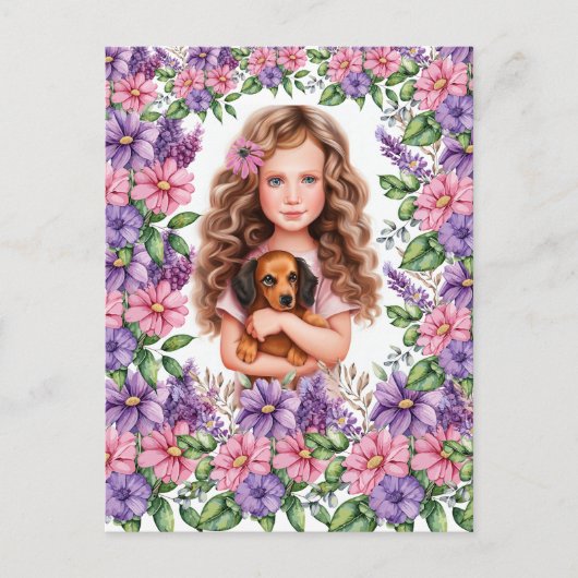 Kleines Mädchen mit Dackel Welpe Postkarte (Vorderseite)