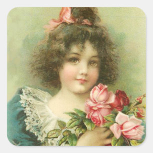 Kleines Mädchen mit dem rosa Tag Rosenvalentines Quadratischer Aufkleber