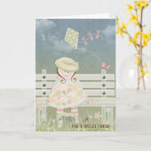 Kleines Mädchen mit Drachen auf Bank für Freundsch Karte (Gelbe Blume)