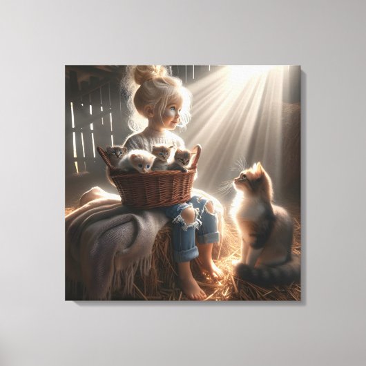 Kleines Mädchen mit einem Körbchen Kätzchen Leinwanddruck (Vorderseite)