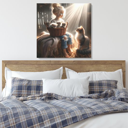 Kleines Mädchen mit einem Körbchen Kätzchen Leinwanddruck (Insitu (Schlafzimmer))