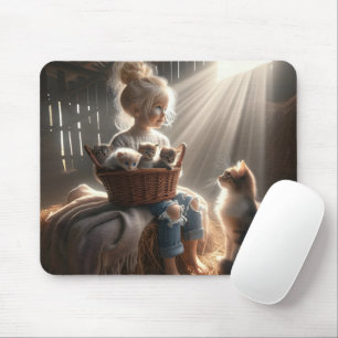 Kleines Mädchen mit einem Körbchen Kätzchen Mousepad