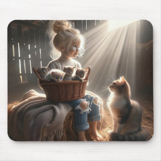 Kleines Mädchen mit einem Körbchen Kätzchen Mousepad (Vorne)