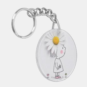 Kleines Mädchen mit einer weißen Daisy auf ihrem K Schlüsselanhänger