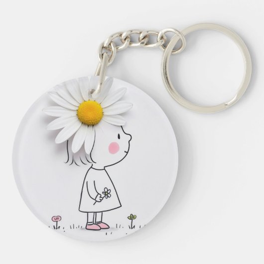Kleines Mädchen mit einer weißen Daisy auf ihrem K Schlüsselanhänger (Rückseite)