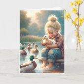 Kleines Mädchen mit Enten zum Geburtstag Karte (Gelbe Blume)