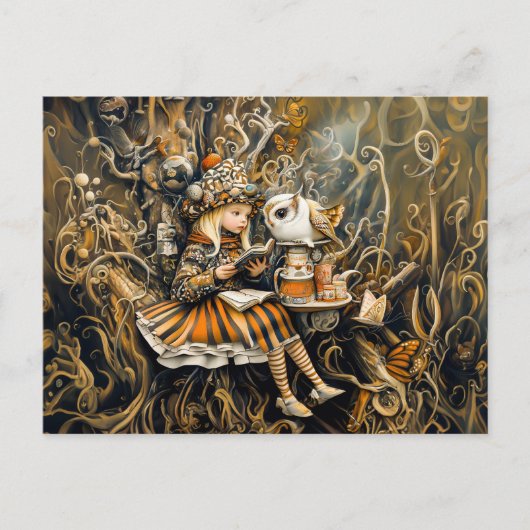 Kleines Mädchen mit Eule in einem Baumwurzelhaus Postkarte (Vorderseite)
