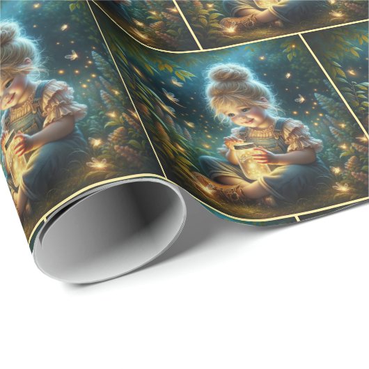 Kleines Mädchen mit Glühwürmchen im Jar Geschenkpapier (Rolleneckpunkt)