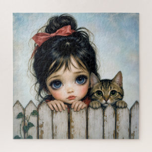 Kleines Mädchen mit großen Augen und Hauskatze Puzzle