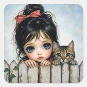 Kleines Mädchen mit großen Augen und Haustierkatze Quadratischer Aufkleber