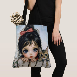 Kleines Mädchen mit großen Augen und Haustierkatze Tasche