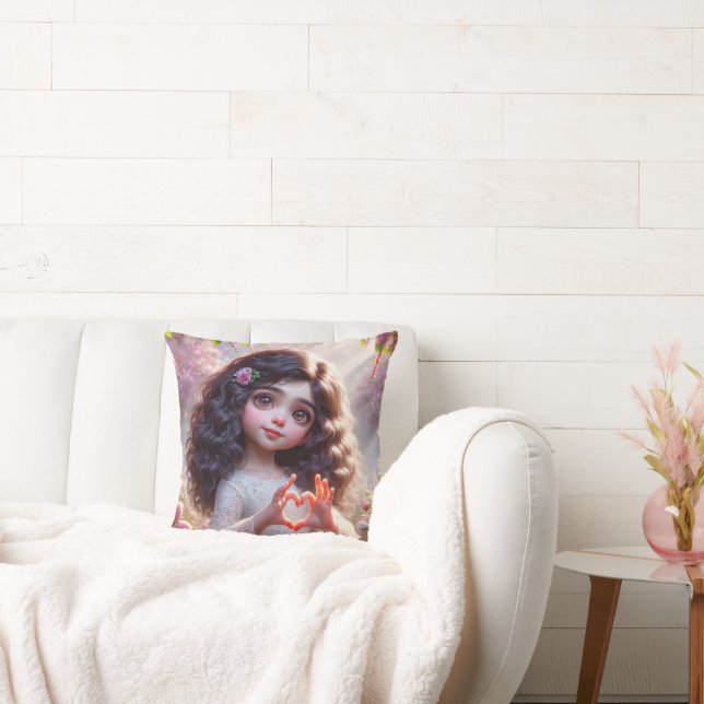 Kleines Mädchen mit Herzzeichen Kissen (Liege)