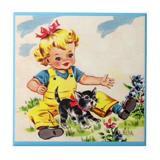 Kleines Mädchen mit hübschem Kätzchen Fliese (Vorderseite)