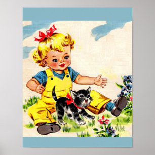 Kleines Mädchen mit hübschem Kätzchen Poster