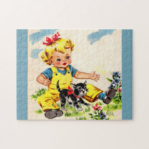 Kleines Mädchen mit hübschem Kätzchen Puzzle