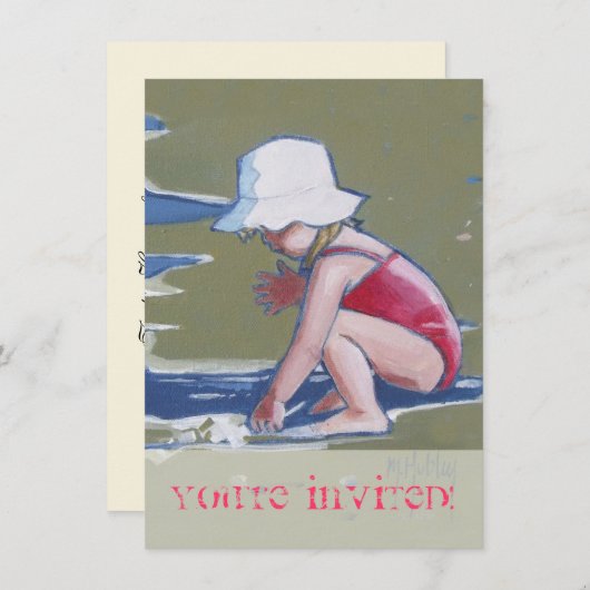 Kleines Mädchen mit Hut am Strand mit Wellen Einladung (Vorne/Hinten)