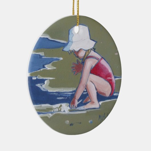Kleines Mädchen mit Hut am Strand mit Wellen Keramikornament (Rechts)