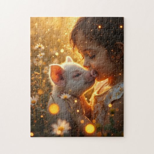 Kleines Mädchen mit ihrem Hausschwein Puzzle (Vertikal)