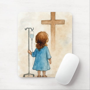 Kleines Mädchen mit IV-Ständer und Kreuz Mousepad