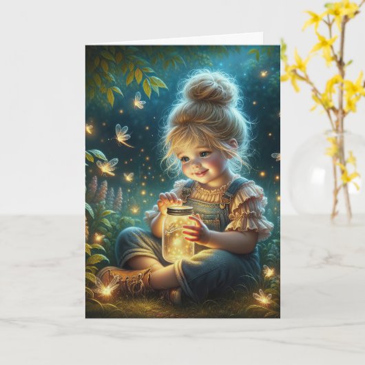 Kleines Mädchen mit Jar of Fireflies Karte (Gelbe Blume)