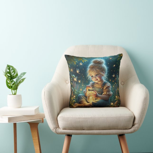 Kleines Mädchen mit Jar of Fireflies Kissen (Stuhl )