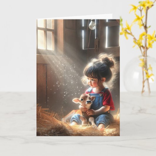 Kleines Mädchen mit Kalb im Stall Karte (Gelbe Blume)